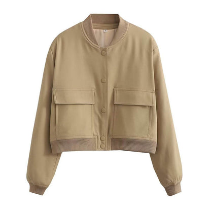 Casual Single-breasted Stand Collar Short Jacket With Pockets Fashion Long Sleeve Outwear Tops Coat For Womens Clothing - Odeita
