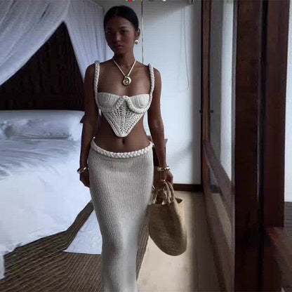 Y2K Crochet Knit 2 Piece Skirt Set Women's Square Collar Camisole Hip Skirt Hollow Out Strapless Tube Top Low Waist Bodycon Maxi Skirts Outfit - Odeita