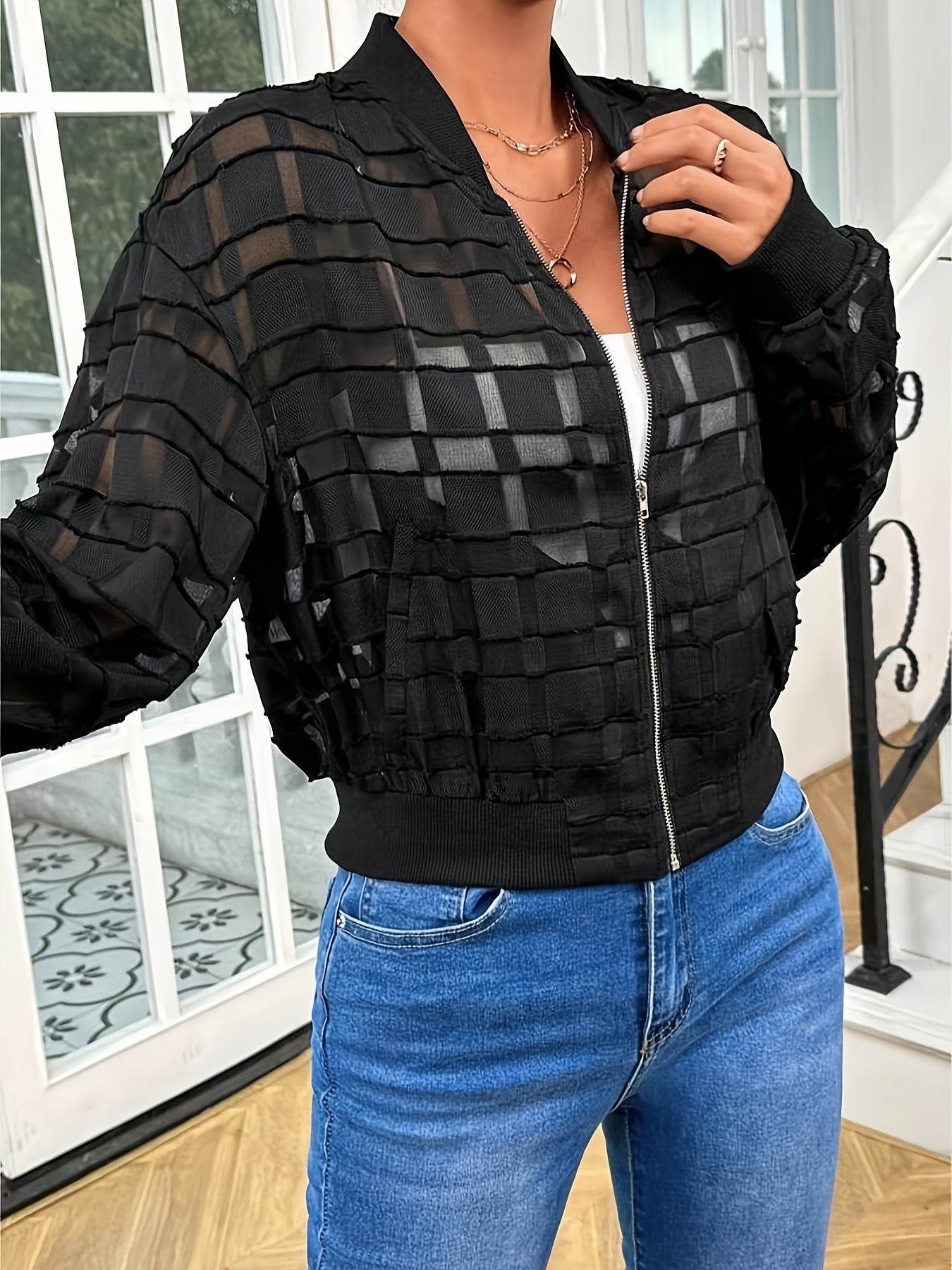 Women's Semi-transparent Thread Zipper Casual Jacket - Odeita