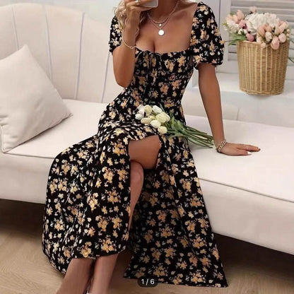 Floral Print Short Sleeve Split Dress Summer Fashion Lace-up Beach Long Dresses Women's Clothing - Odeita