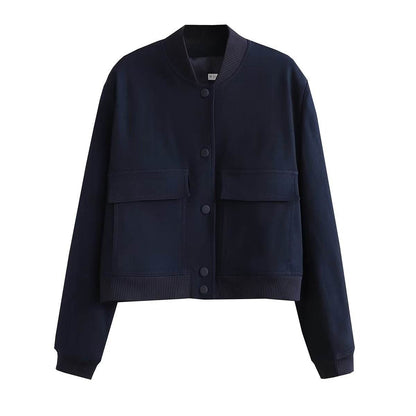 Casual Single-breasted Stand Collar Short Jacket With Pockets Fashion Long Sleeve Outwear Tops Coat For Womens Clothing - Odeita