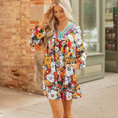 Orange Floral Print Striped Lace V Neck Long Sleeve Mini Dress - Odeita
