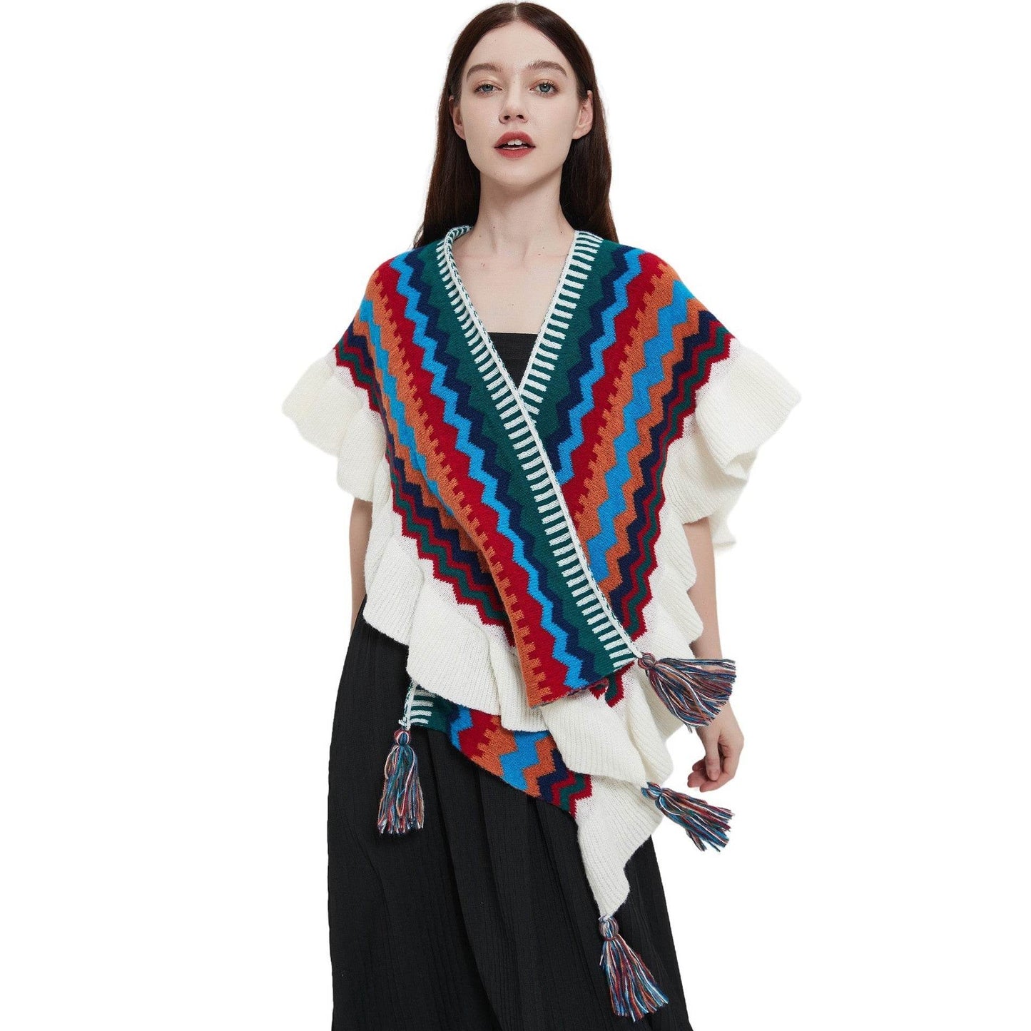 European And American Spring Autumn And Winter Ladies Travel Ethnic Style Ruffled Knitted Shawl - Odeita