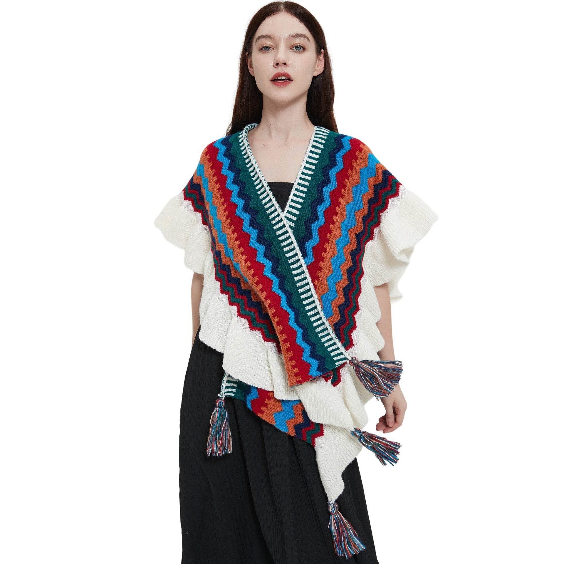 European And American Spring Autumn And Winter Ladies Travel Ethnic Style Ruffled Knitted Shawl - Odeita