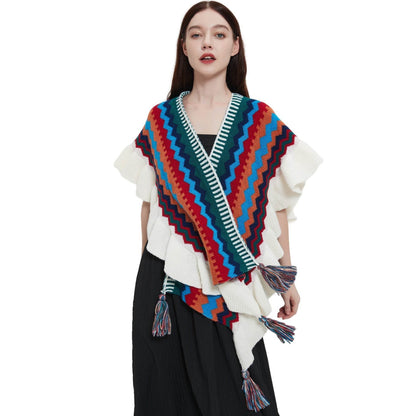 European And American Spring Autumn And Winter Ladies Travel Ethnic Style Ruffled Knitted Shawl - Odeita