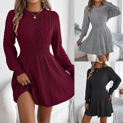 Solid Color Twist Fitted Waist Lantern Long Sleeve Sweater Dress - Odeita