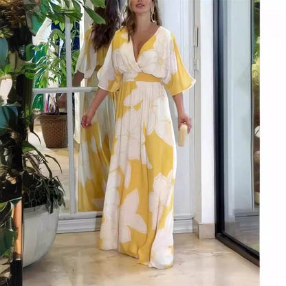 Flower Printed V-neck Batwing-sleeved Dress Fashion Elegant Backless Long Dresses Women's Clothing - Odeita