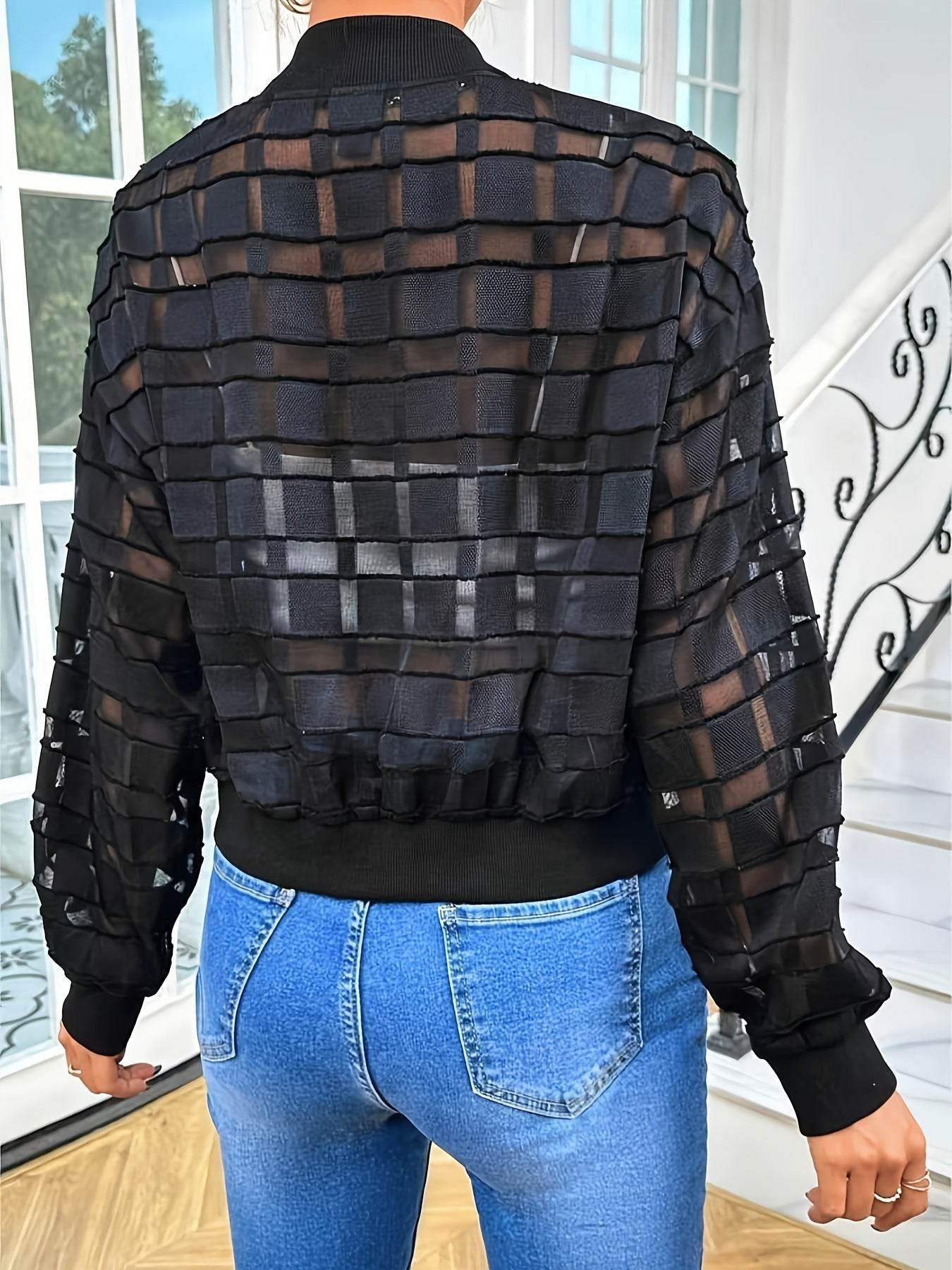 Women's Semi-transparent Thread Zipper Casual Jacket - Odeita