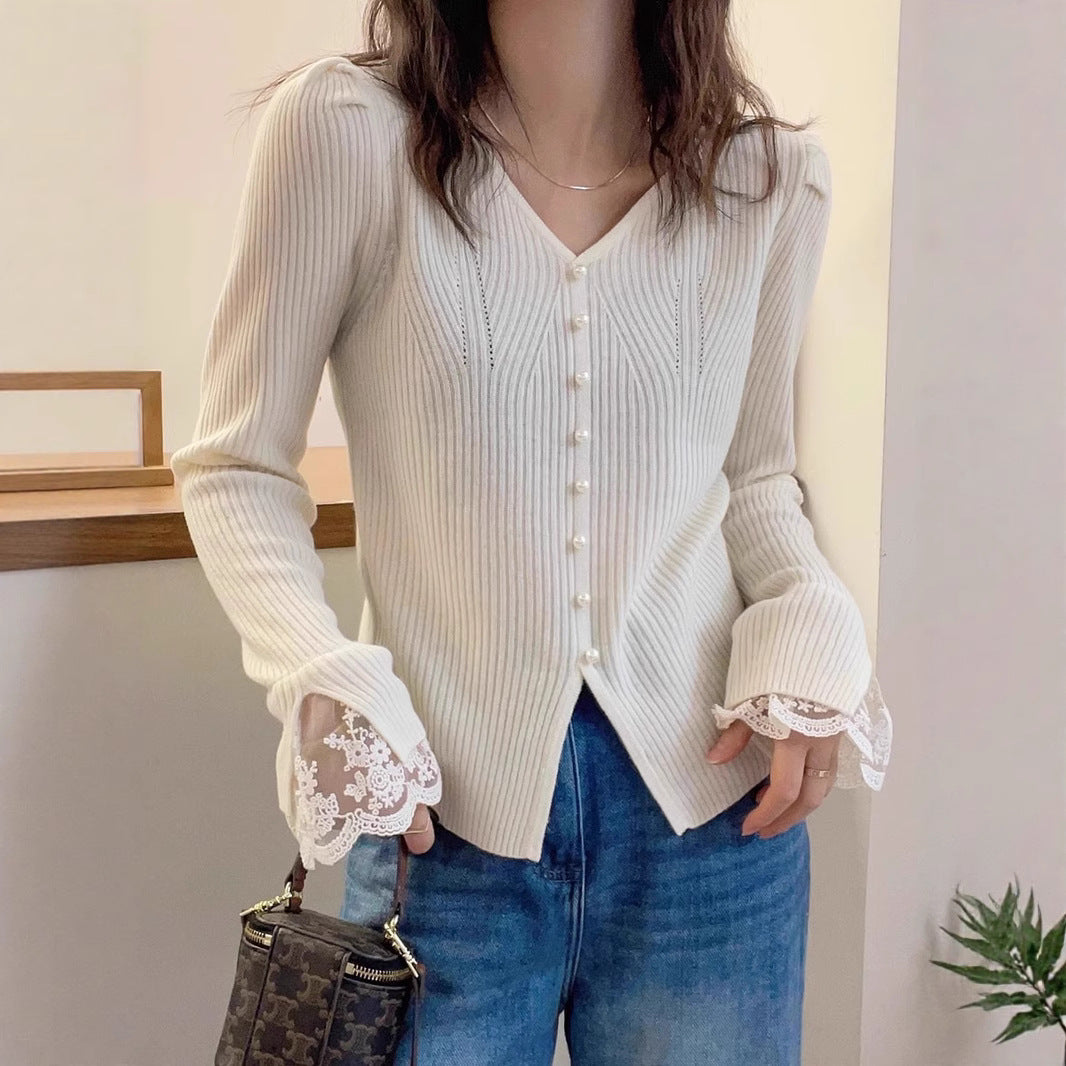Korean Style Sense Of Design Long Sleeve Lace Splicing Knitwear Women