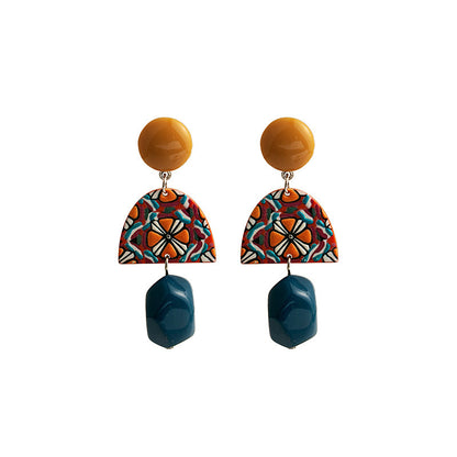 Retro Yellow Blue Contrast Color Acrylic Earrings Irregular Geometry