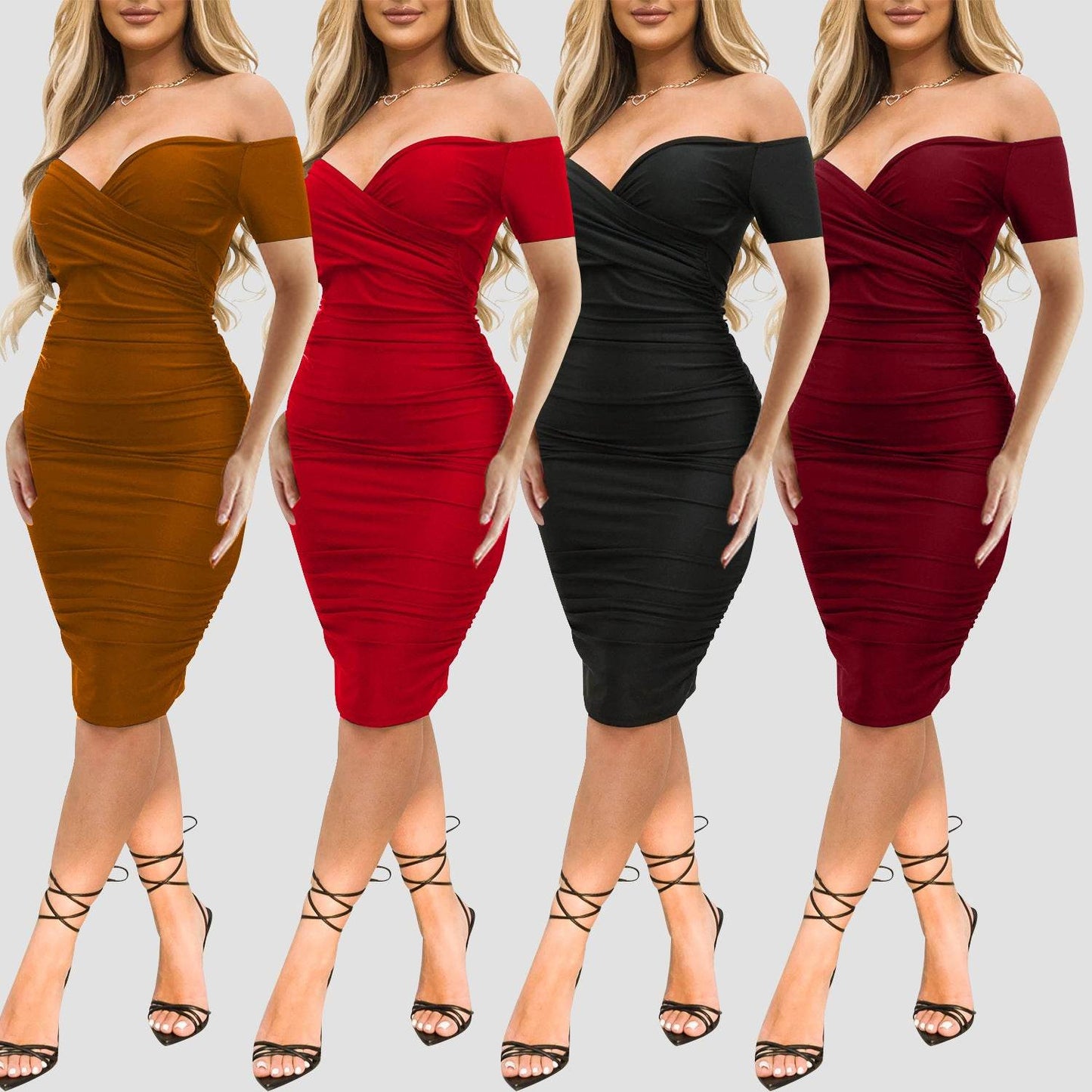 Women's Nightclub Off-shoulder Short Sleeve Dress Sexy Off The Shoulder Midi Dress Ruched Bodycon Dresses - Odeita