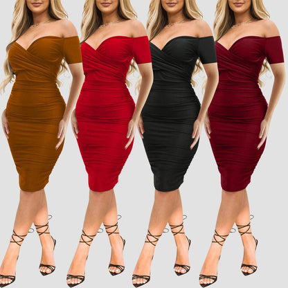 Women's Nightclub Off-shoulder Short Sleeve Dress Sexy Off The Shoulder Midi Dress Ruched Bodycon Dresses - Odeita