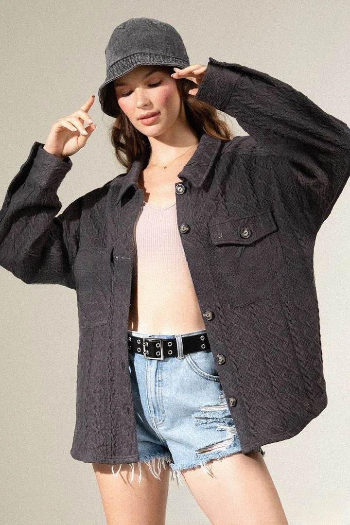 Fashion Large Pocket Twist Knitted Shirt Coat - Odeita