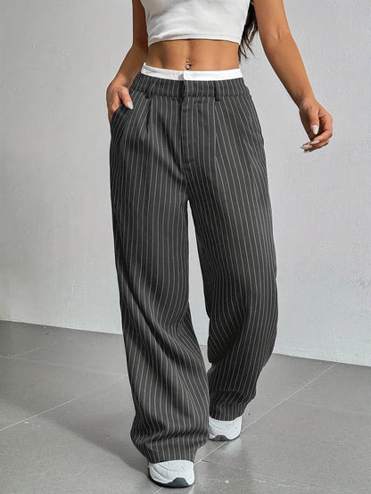 Stripe Printed Trousers Fashion High Waist Straight Leg Pants With Pocket Zipper Casual Suit Pants For Women - Odeita