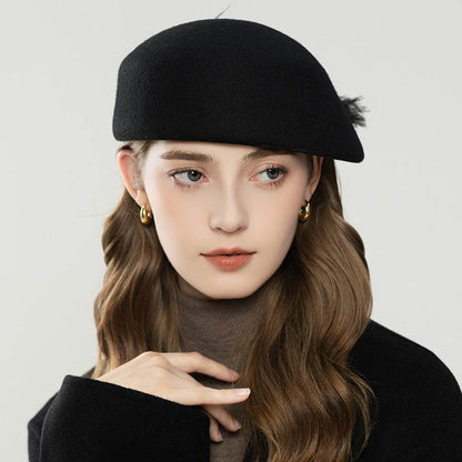 Autumn And Winter Retro Style Feather Decorative Wool Beret - Odeita