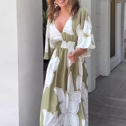 Flower Printed V-neck Batwing-sleeved Dress Fashion Elegant Backless Long Dresses Women's Clothing - Odeita
