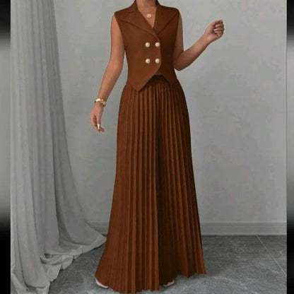 Summer Sleeveless Suit Fashion Lapel Button Vest Top And Pleated Straight Pants Women's Trousers Set Clothing - Odeita