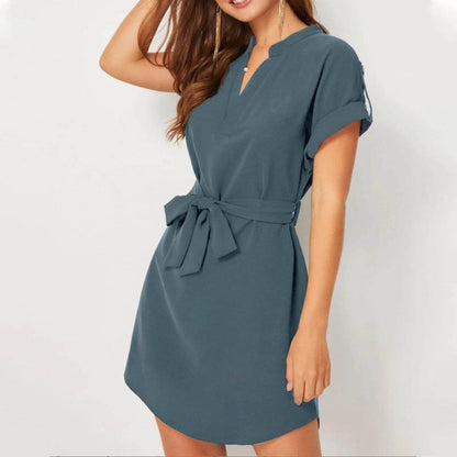 V-neck Short Sleeve Dress With Belt Summer Fashion Bowknot Dresses For Women Clothing - Odeita