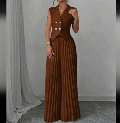 Summer Sleeveless Suit Fashion Lapel Button Vest Top And Pleated Straight Pants Women's Trousers Set Clothing - Odeita