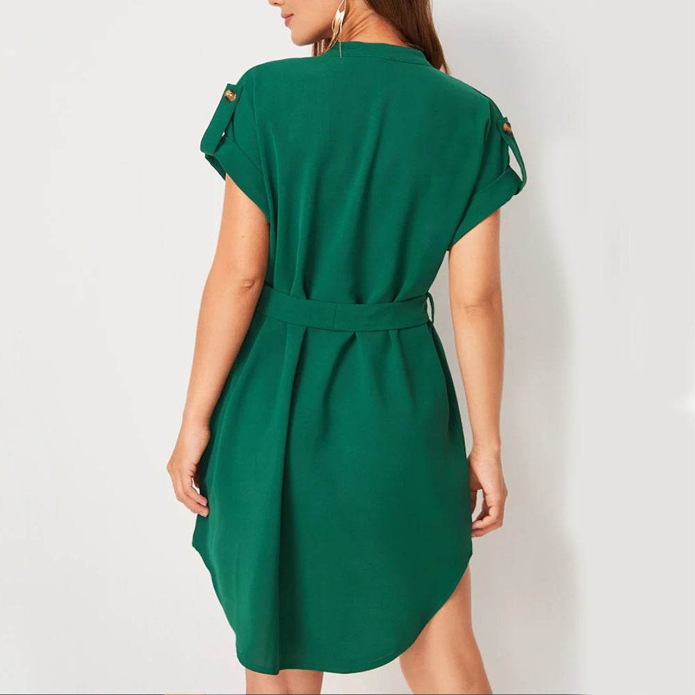 V-neck Short Sleeve Dress With Belt Summer Fashion Bowknot Dresses For Women Clothing - Odeita