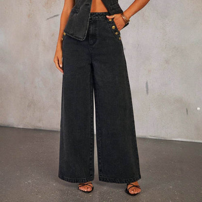 Denim Vest Suits Fashion Sleeveless Button Tops And Wide Leg Straight Pants With Pockets Women's Trousers Set - Odeita
