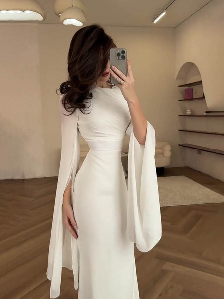 Elegant Summer Sleeve Contrast Chiffon & Satin Maxi Dress With Flared Cuffs - Slim Fit Long Dress For Women