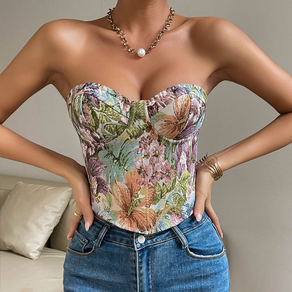 Y2K Floral Print Tube Vest Top With Back-tied Design INS Fashion Crop Corset Tank For Women Clothing - Odeita