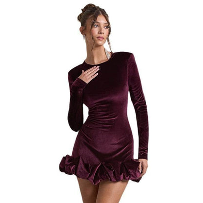 Round Neck Long Sleeve Velvet Three-dimensional Pleated Dress Women - Odeita